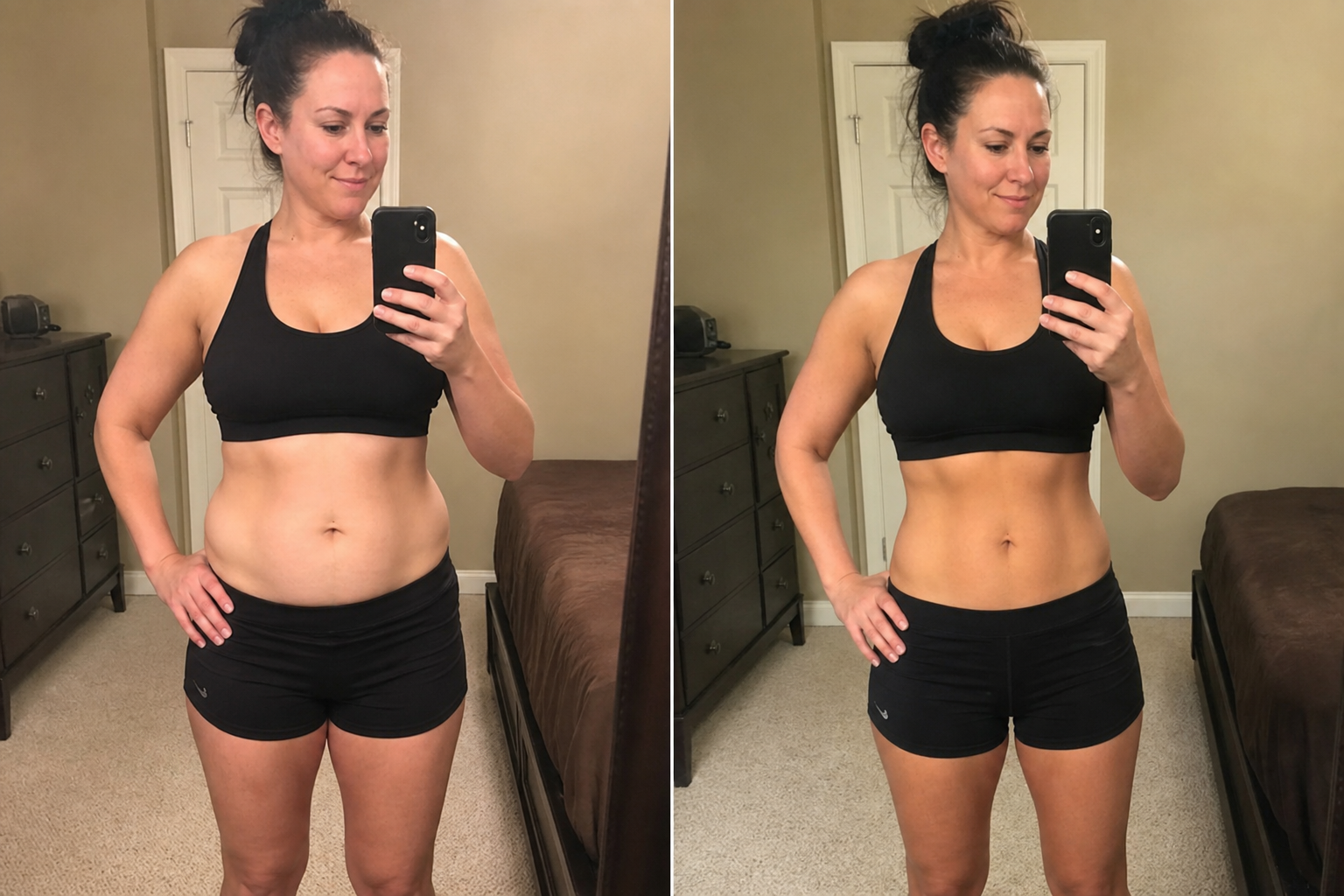 Sarah K. before and after — 8 week belly fat transformation
